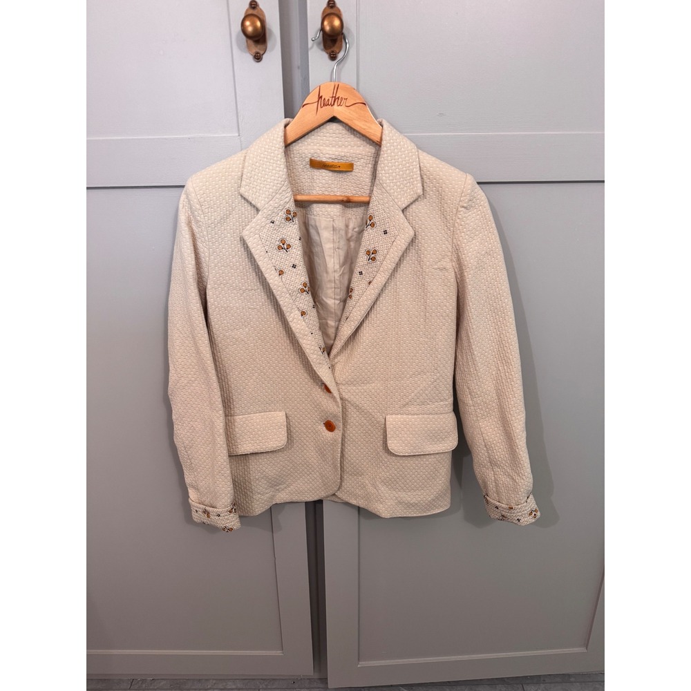 Sessun Mahaut Cream Cotton Textured Blazer Floral Embroidered Trim Jacket Size M